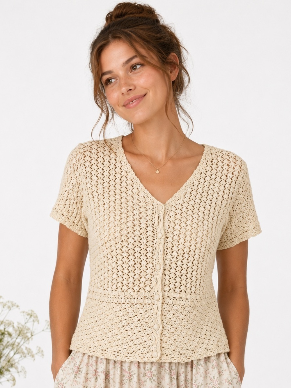 Crocheted Cardigan Sweater Large Cream Buttons S/S Boho Coquette First Issue